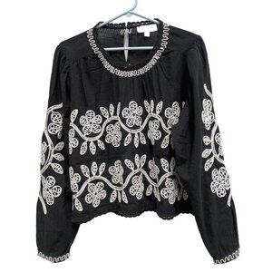 Lindi Artsy Tunic Top Small Black Novelty Print Lace Asymmetric Short Sleeve